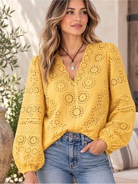 Tolani Yellow Eyelet Cotton Balloon Sleeve V-Neck Blouse Size M